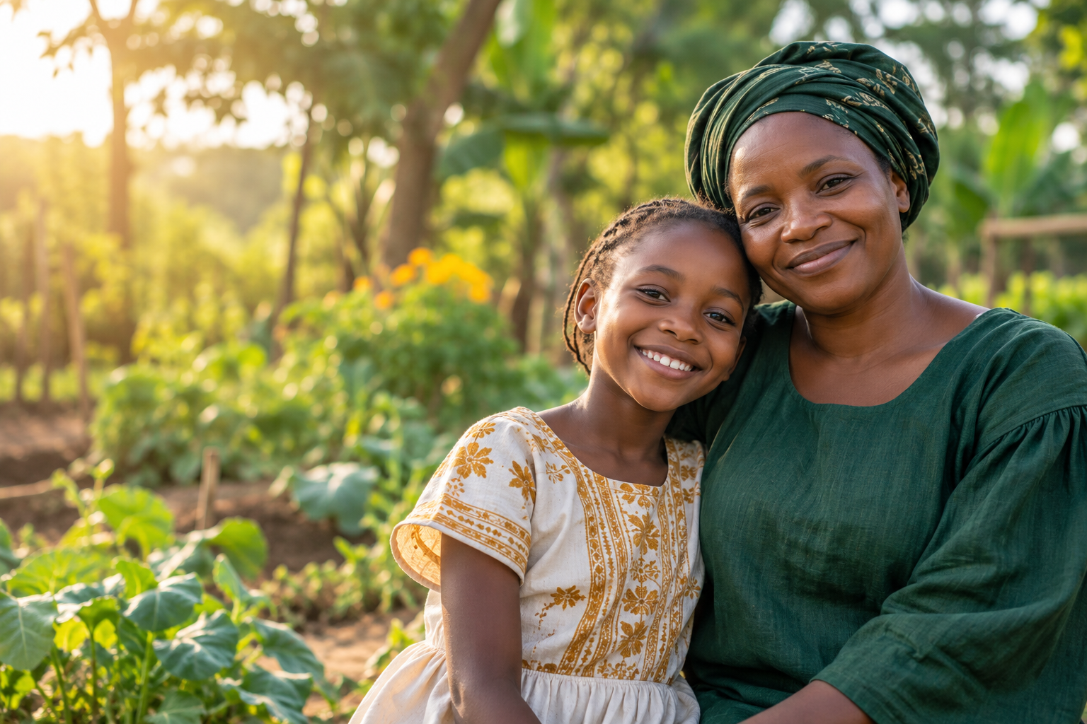 A mother and daughter sharing a joyful moment outdoors